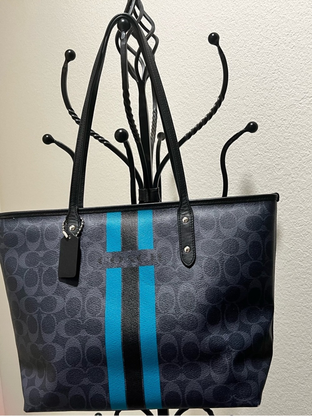 Coach Navy Signature Tote with Teal and Black Racing Stripes